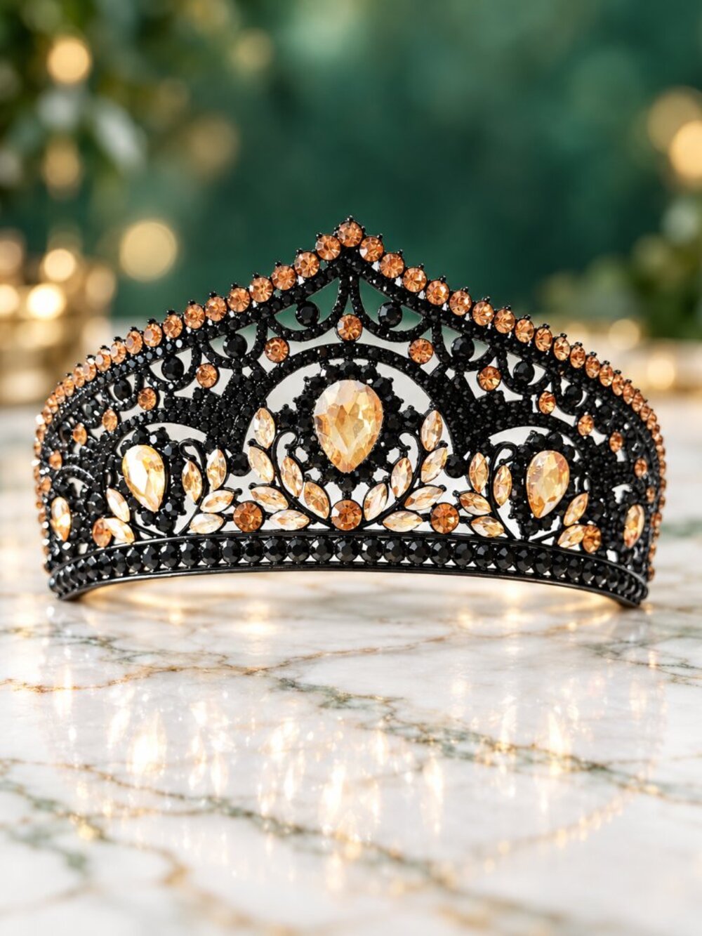 Champagne Amber Black Rhinestone Tiara Crown Gothic Wedding Prom Queen Headpiece